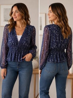 Madison & Berkeley Star print sheer peplum blouse size Large